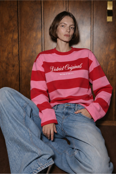 Mixray 2260 Women's Retro Striped District Originals Print Sweatshirt Pink