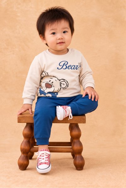 Rocha Baby Rocha Baby Boy Ecru Navy Blue Teddy Bear Printed 2-Piece Set - Cot...