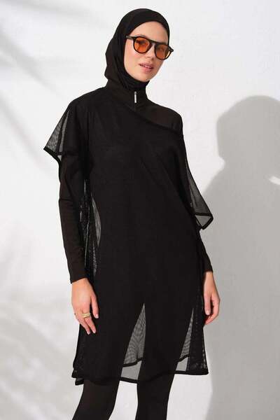 Pierre Cardin بدلة سباحة نسائية شبكية محتشمة - أسود