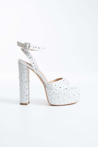 FOLLİNİ Women's Genuine Leather Platform Shoes with Stone Detail White