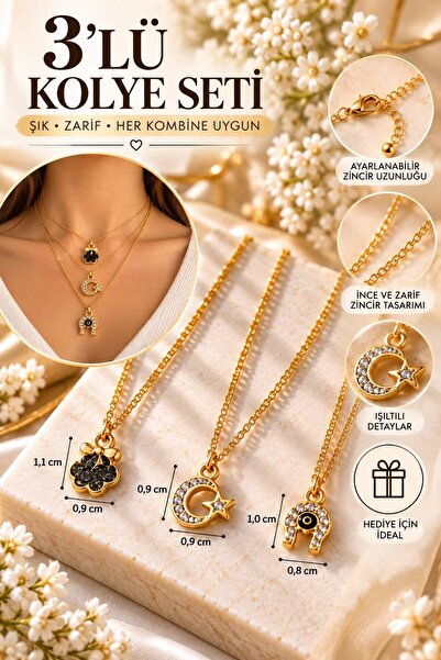 3 LÜ KADIN KOMBİN ALTIN RENK KAPLAMA SİMGE KOLYE SETİ