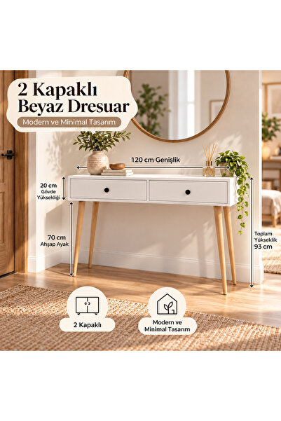 ALFA MİRO Viva 120 cm -2 Kapaklı - Ahşap Ayaklı Dresuar -Beyaz