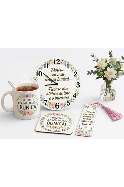 ALL PAPICKS Set Cadou Bunică 4 Piese – Ceas Perete 20cm, Cană Ceramică, Suport Pahar și Semn de Carte, Model Floral Pastel