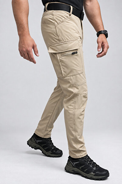 Polviton Ανδρικό παντελόνι Cargo με τσέπες, αδιάβροχο, Combat Slim Fit, μπεζ