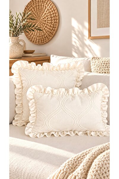 Decamor home Embroidery Detailed Ruffled Ecru Throw Pillow Cover 1 Piece