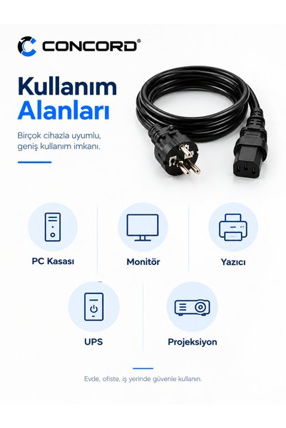 Concord C-500 1.2m PC ve Monitör Power Güç Kablosu – Siyah Standart Kasa Kablosu 2 Yıl Garantili