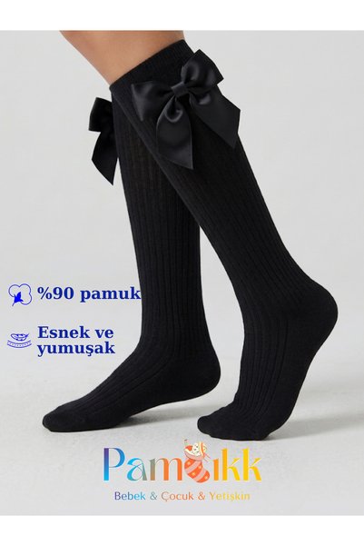 PAMBIK AYAKLAR Kız Çocuk Siyah Saten Kurdeleli Fiyonklu Dizaltı Çorap - Pamuklu Okul Çorabı