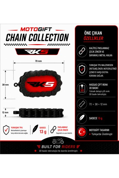 Ümraniye3d Custom Design Motorcycle Keychain with Chain Detail and Rks Logo