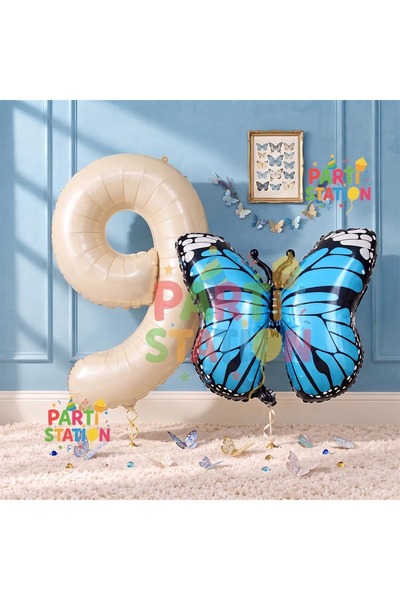Parti Station 9 Years Old Blue Butterfly Balloon Set - Cream Colored Butterfl...