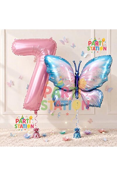 Parti Station Pink Blue Butterfly and Pink Number Balloon 7 Years Old Balloon...