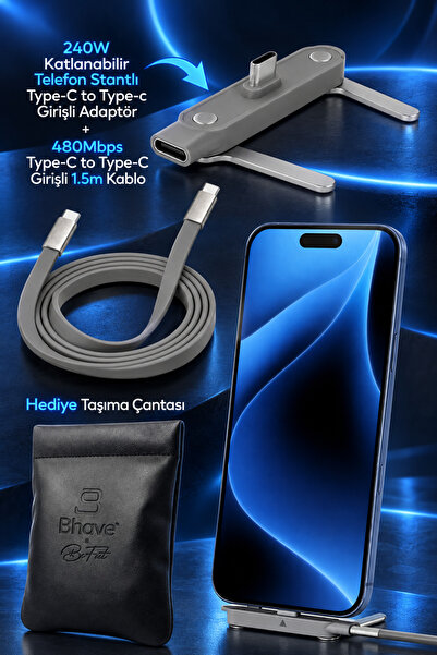 Bhave Katlanabilir Standlı 240W Ultra Hızlı Type-C Şarj Kablosu 1.5mt Deri Ta...