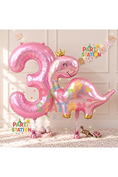 Parti Station Pink Dinosaur 3 Years Old Pink Color Number Balloon Set Cute Pi...