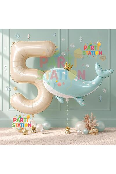 Parti Station Cute Green Whale 5th Birthday Balloon Set, Sea and Ocean Creatu...
