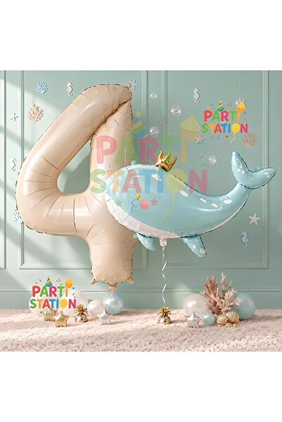Parti Station Cute Green Whale 4th Birthday Balloon Set, Sea and Ocean Creatu...
