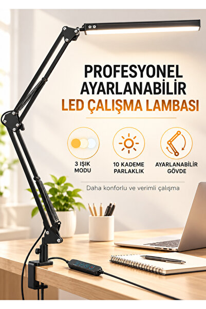 asua Ayarlanabilir 10 Parlaklık Kademeli Metal Dirsekli Çalışma Masası Led Işık