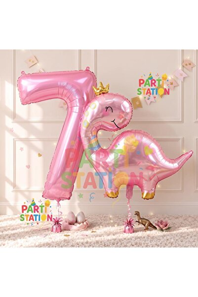 Parti Station Pink Dinosaur 7 Years Old Pink Color Number Balloon Set Cute Pi...