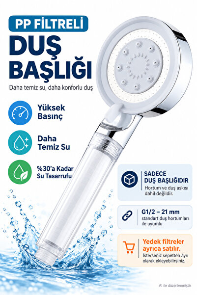 Plodna House PP Pamuk Filtreli 5 Fonksiyonlu Yüksek Basınçlı Duş Başlığı Su T...