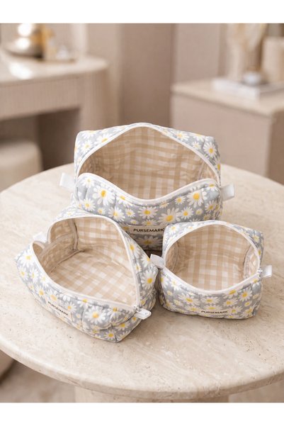 PURSEMARK Daisy Flower Patterned Quilted Handmade (Set of 3) Makeup Bag - Travel Bag