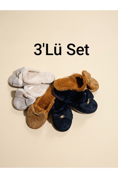 MY STİL MODA 3'lü Paket Kadın Kışlık Terlik Günlük Ev Terliği Misafir Çeyiz B...