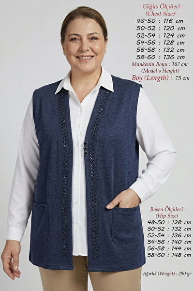 Laden Büyük Beden Rahat Kalıp Ecrin Kumaş Mevsimlik Kısa Anne Yeleği 75 cm. B...