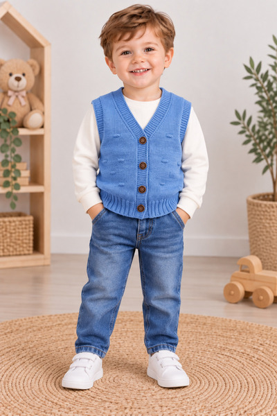 Mercan Kids Erkek Çocuk Örgü Yelek Fasulye Desen