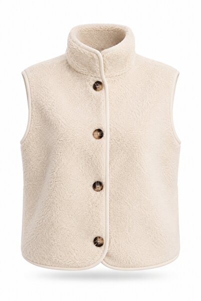 5in1Canpolat Krem Dik Yaka Peluş Yelek 23241