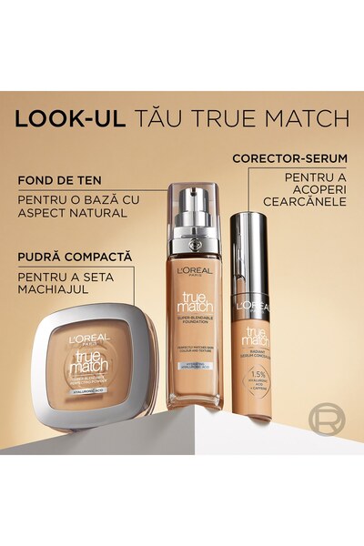 L'Oreal Paris Fond de ten L'Oreal Paris True Match 1N Subton Neutru, infuzat cu acid hialuronic, se adapteaza la nuanta tenului, 30 ml