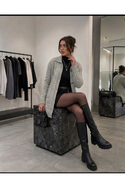 rushana قميص نسائي بياقة وأزرار وجيوب، كارديجان طويل من التريكو ذو ملمس ناعم