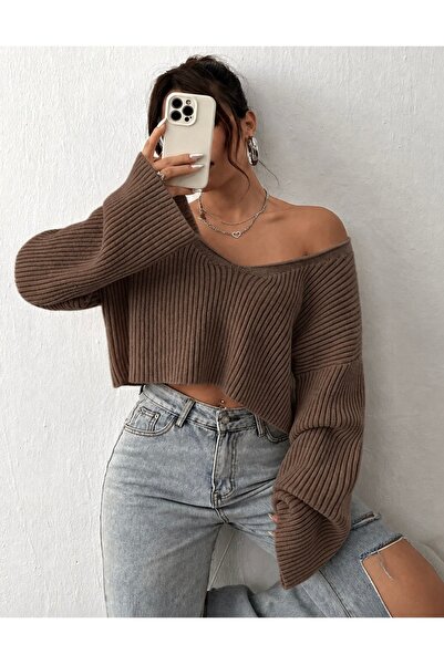 MODA MHE سترة قصيرة من التريكو بياقة على شكل V وأكمام إسبانية بدون أكتاف