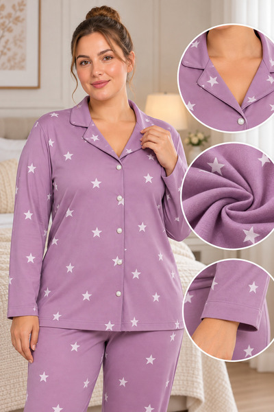KZY ELİZ Kadın Büyük Beden Milan Soft Gömlek Yaka Boydan Düğmeli Pijama Takım...