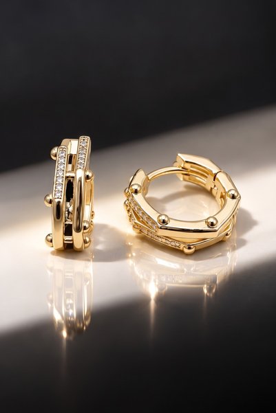 Vip Geometrik Zirkon Taşlı Gold Halka Küpe – Altın Renk, Kararmaz