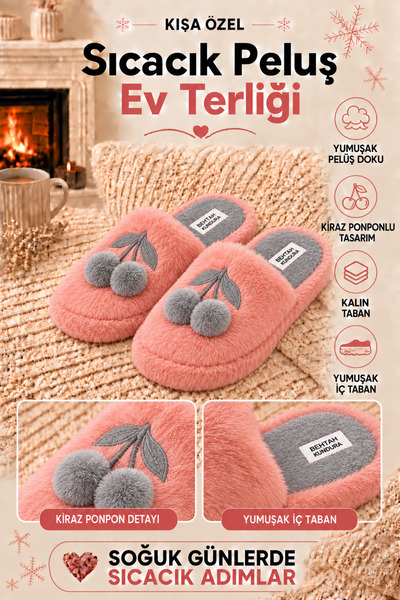 Behtah Kundura Fluffy Cherry Figured Slippers Women's Home Slippers Furry Sli...