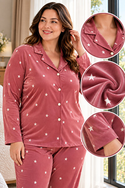 Kadın Büyük Beden Milan Soft Gömlek Yaka Boydan Düğmeli Pijama Takımı KZY3499