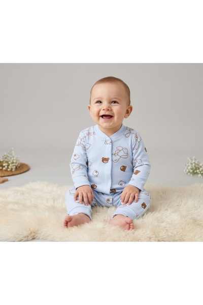 minço bebe Erkek Bebek Mavi Tulum %100 Pamuk Ayı Baskılı Çıtçıtlı Patiksiz Es...