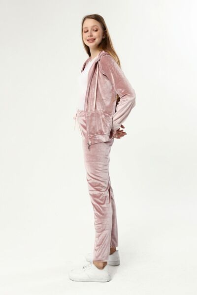 İkmal Stoneless Pink Wide Leg Velvet Suit