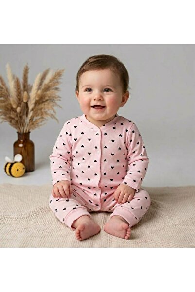 minço bebe Kız Bebek Mini Kalp Baskılı Çıtçıtlı Patiksiz Pembe Tulum %100 Pam...