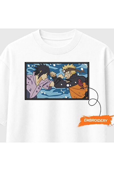 KEYFHOME Naruto and Sasuke Anime Κεντημένο T-Shirt Unisex 100% Βαμβάκι