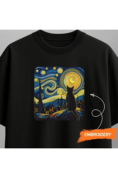 KEYFHOME Van Gogh Starry Night and Cat Embroidered T-Shirt Unisex 100% Cotton