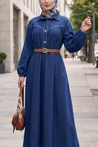 Modamorfo Half-Buttoned, Elasticated Sleeve, Belted Denim Dress - Navy