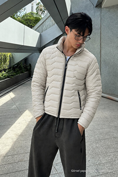 comstar Men's Stand Collar Quilted Seasonal Cream Puffer Coat