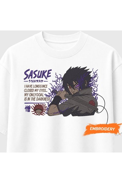 KEYFHOME Sasuke Uchiha Dark Naruto Anime Embroidered T-Shirt Unisex 100% Cotton