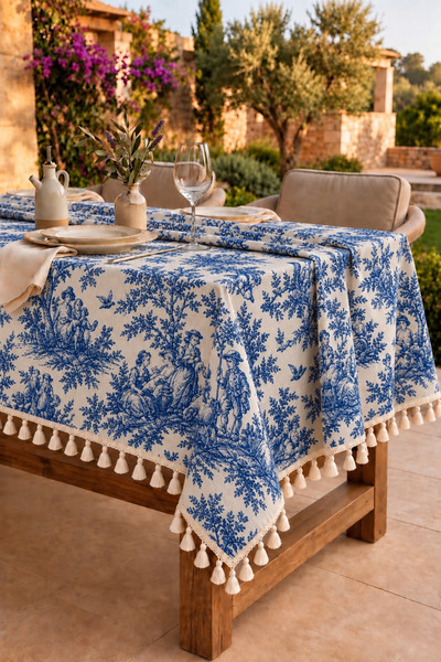 Luxoras Home French Country Patterned Tasseled Duck Fabric Tablecloth