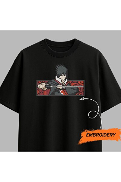 KEYFHOME Sasuke Uchiha Naruto Anime Embroidered T-Shirt Unisex 100% Cotton