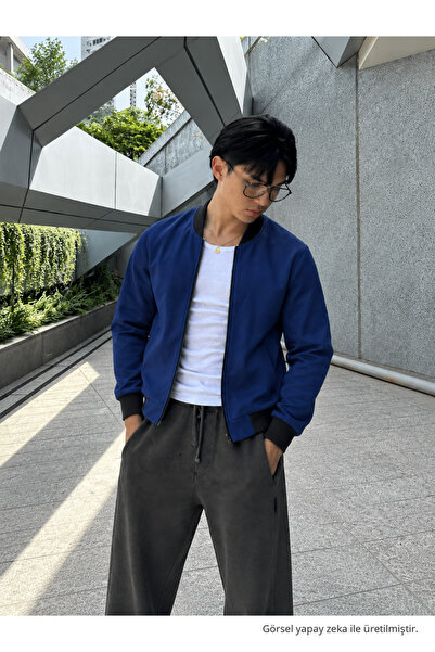 comstar Men's Nubuck Bomber Jacket Zippered Suede Dark Blue Jacket