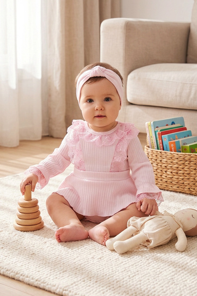 Babymod Dantel Yakalı Bandanalı Kız Bebek Elbise Bebek Tulum