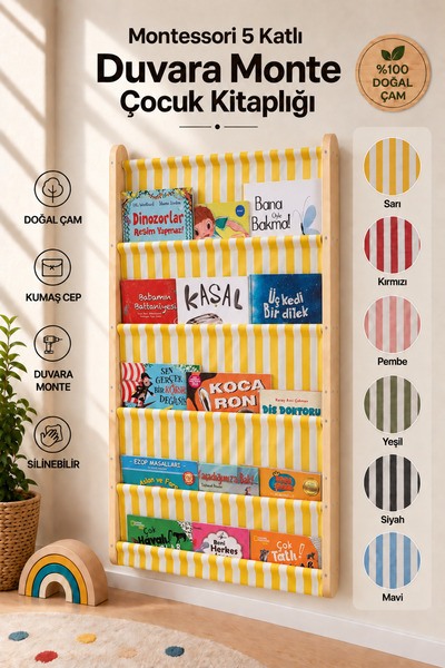 EverAlpina Montessori Duvara Monte Ahşap Çocuk Kitaplığı Kumaş Cepli Kitap Dü...