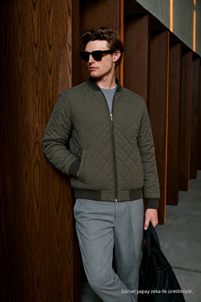 comstar Men's Bomber Coat Quilted Zippered Seasonal Khaki Jacket