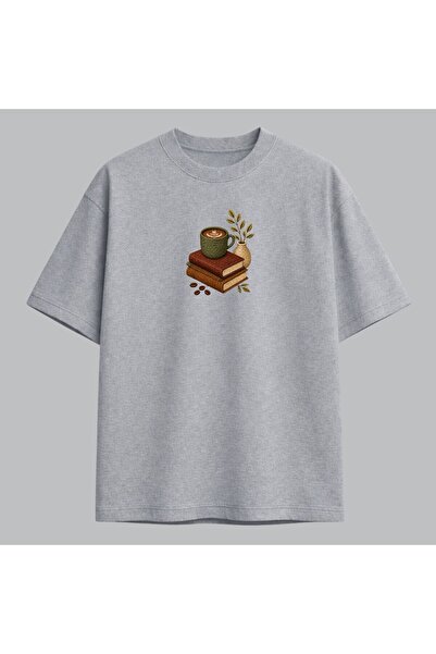 KEYFHOME Tricou unisex cu broderie cu design de cafea și carte 100% bumbac
