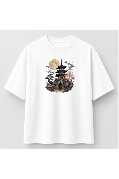 KEYFHOME Pagoda Full Moon și Sakura Japoneză Artă Broderie Tricou Unisex 100%...