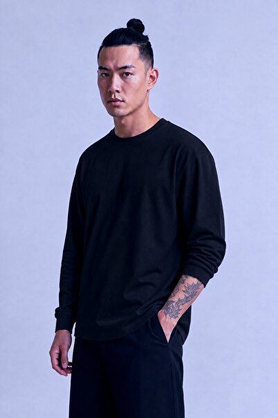 Siyah Basic Sweatshirt Şardonlu Uzun Kollu Ribanalı Bisiklet Yaka